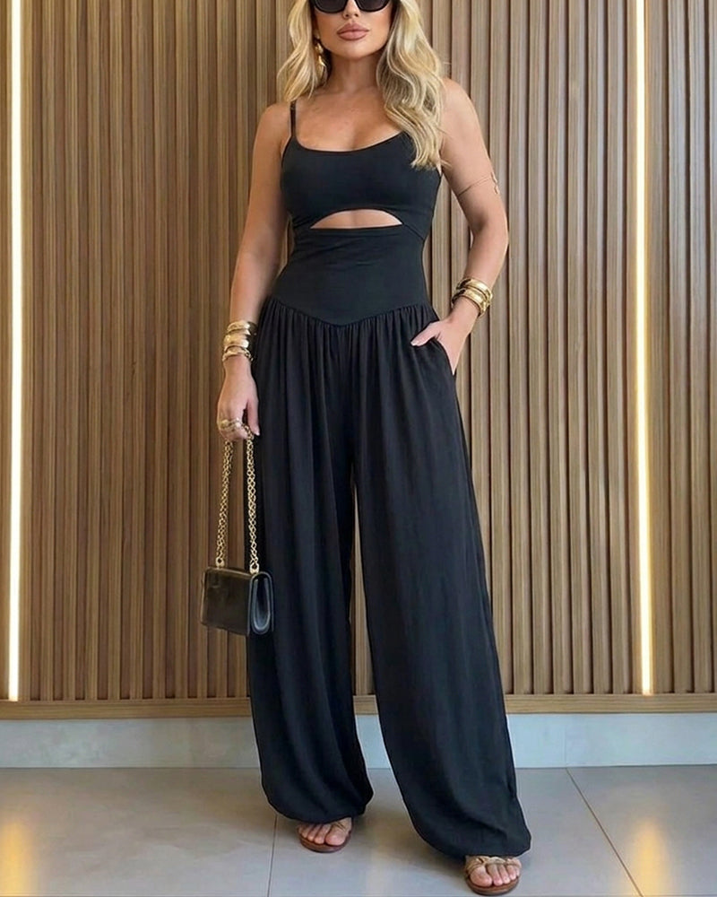 CHICME Women's Cut-out Waist Cami Jumpsuit Backless Tie-Back Lantern Romper Ruched High Waist Summer Jumpsuit