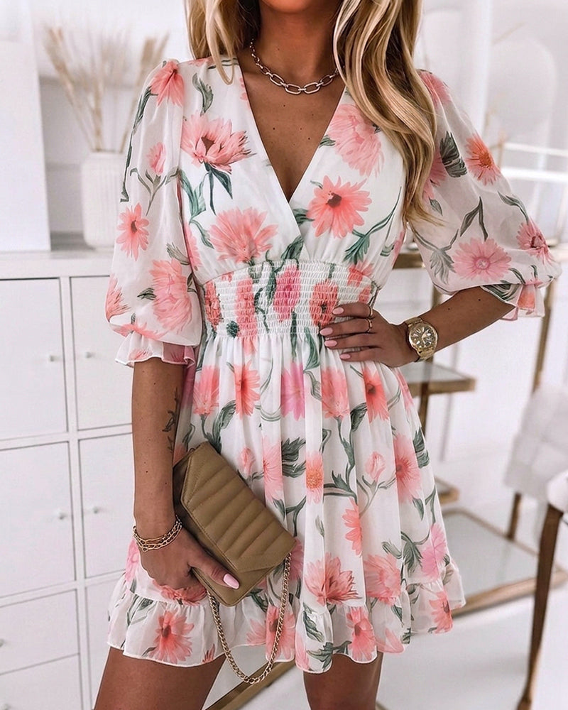 Floral Print Overlap Deep V-Neck Half Sleeve Shirred Waist A Line Dress Casual Flared Cuffs Ruffle Hem Chiffon Dress
