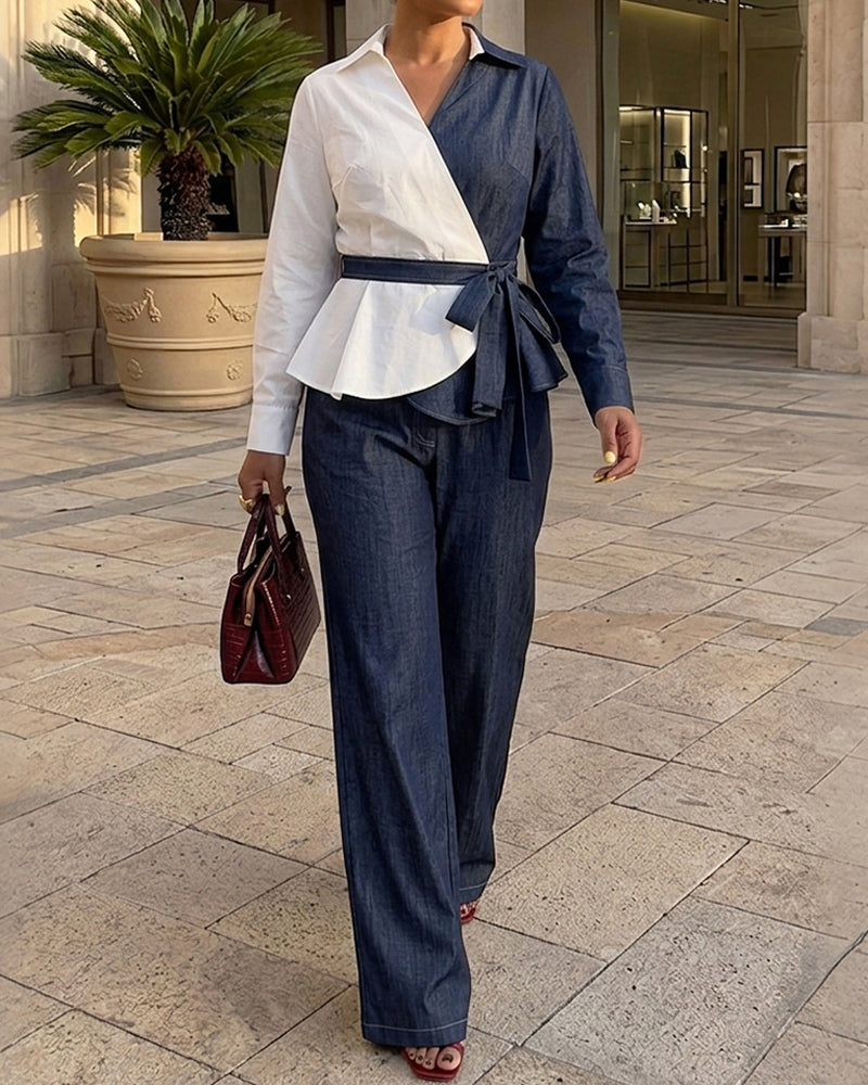 Women's 2-Piece Denim Set Asymmetric Contrast Peplum Top and High Waist Wide Leg Jeans Set with Belt