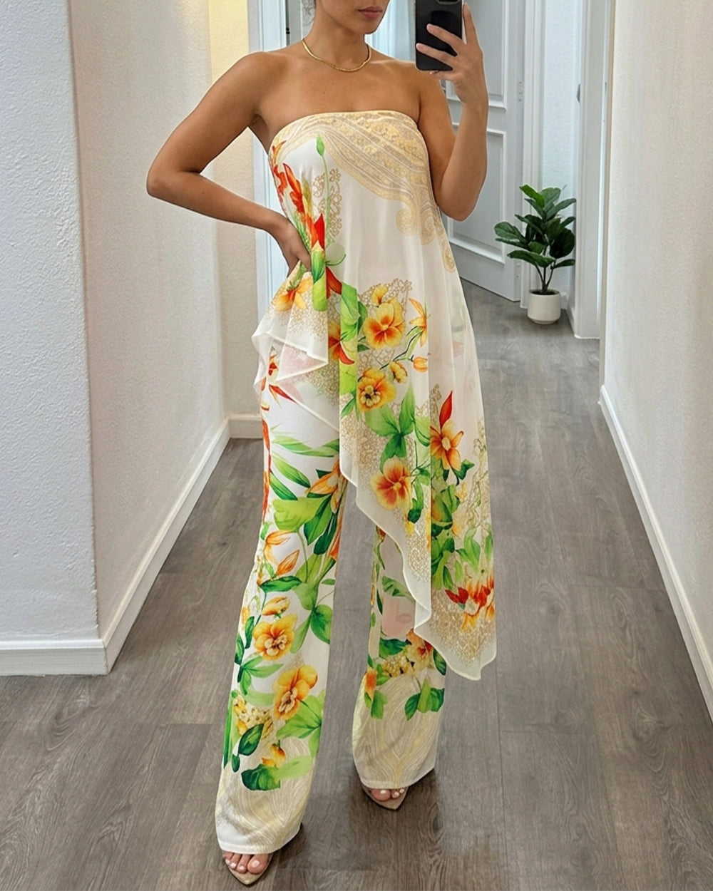 Women's Tropical Floral Jumpsuit Sexy Strapless Tube Overalls High Waisted Faux Two-Piece Jumpsuits with Detachable Clear Straps