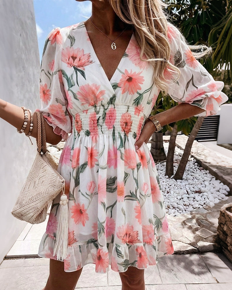 Floral Print Overlap Deep V-Neck Half Sleeve Shirred Waist A Line Dress Casual Flared Cuffs Ruffle Hem Chiffon Dress
