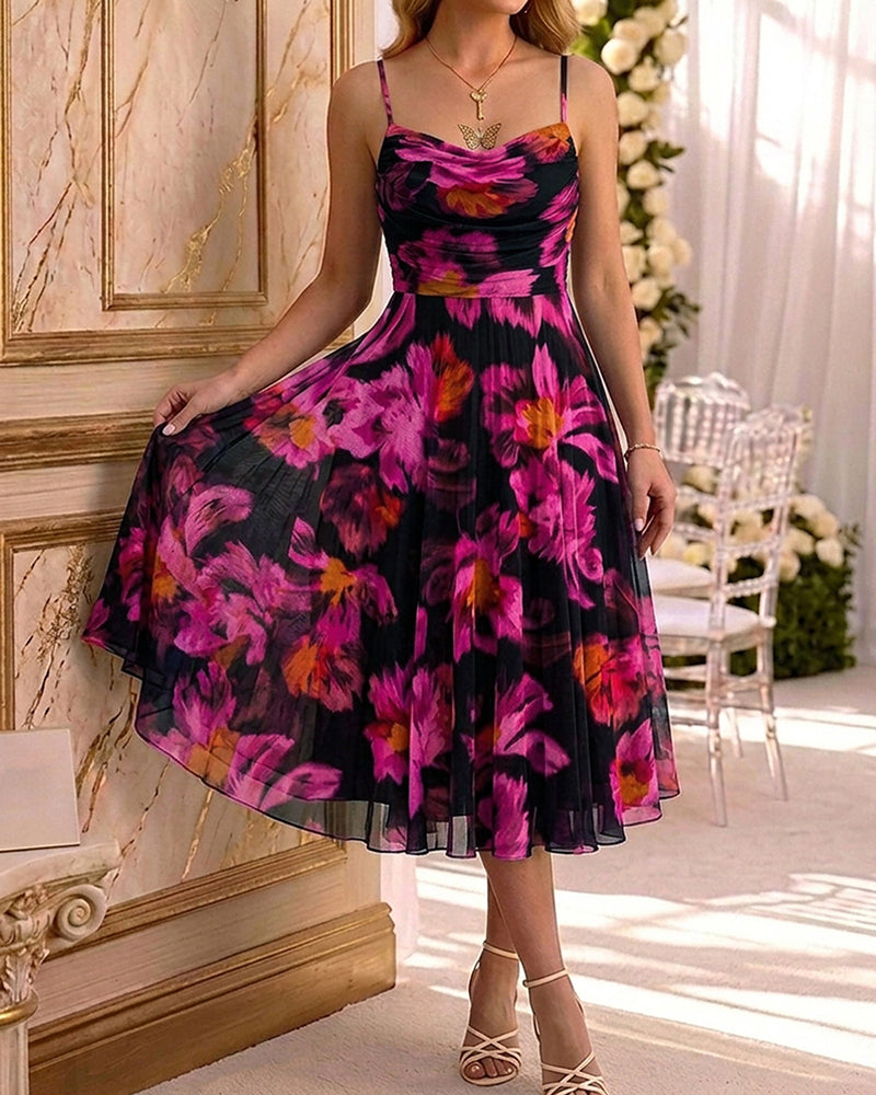 Women's Floral Print Cami Midi Dress Sexy Ruched Mesh A Line Sundress Elegant Spaghetti Strap Party Dress