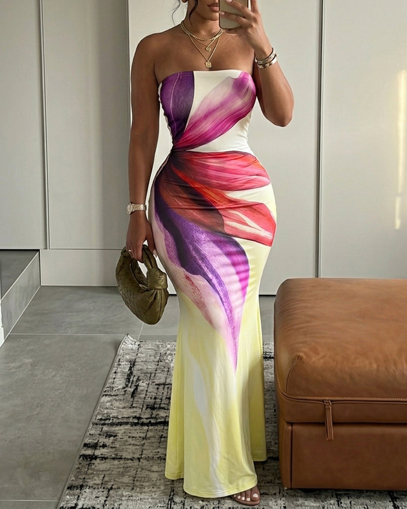 Women's Floral Print Strapless Maxi Dress Sexy Bodycon Mermaid Long Dress Elegant Evening Party Beach Sundress
