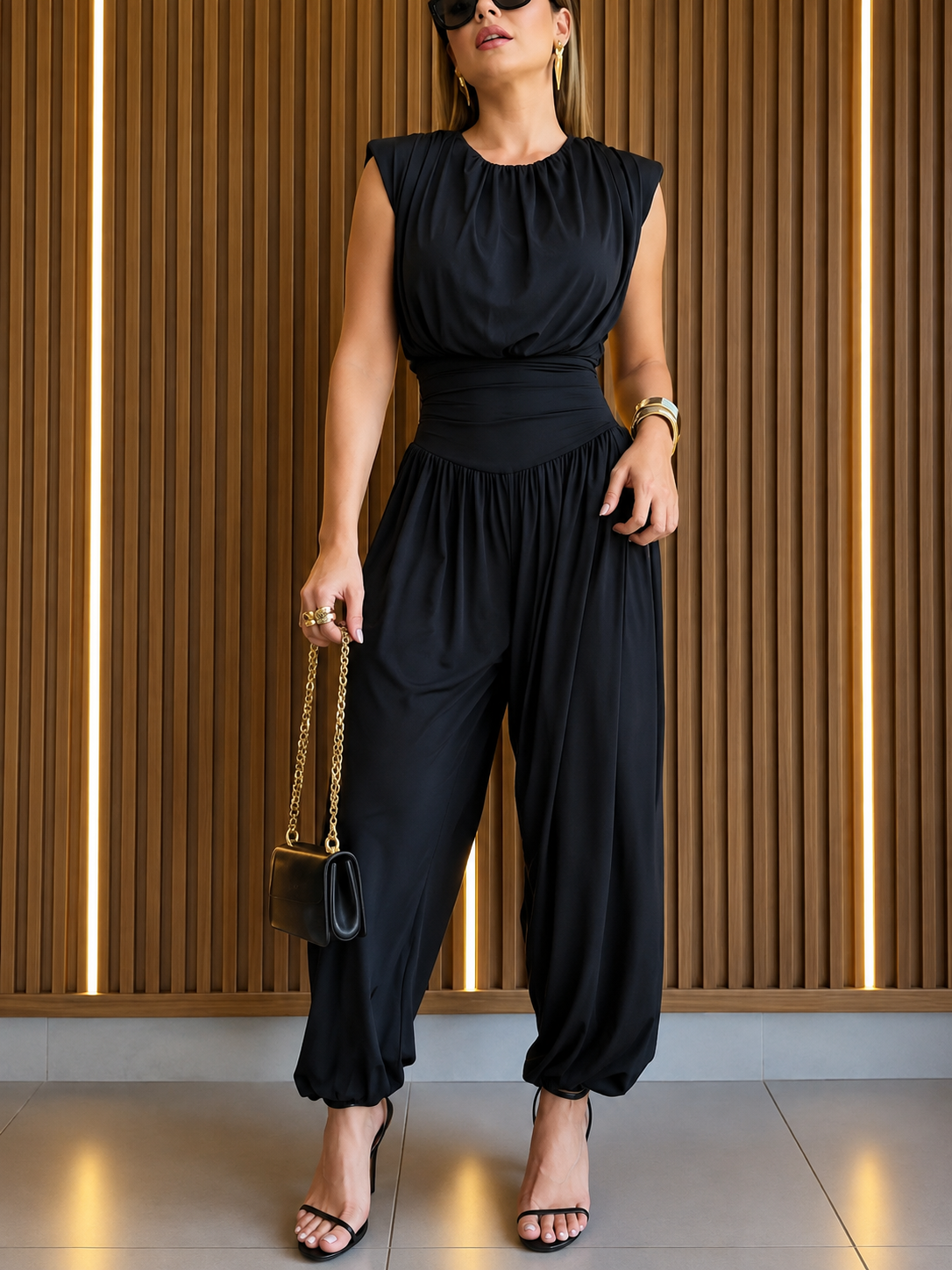 Olyza Padded Shoulder Cinched-Waist Jumpsuit
