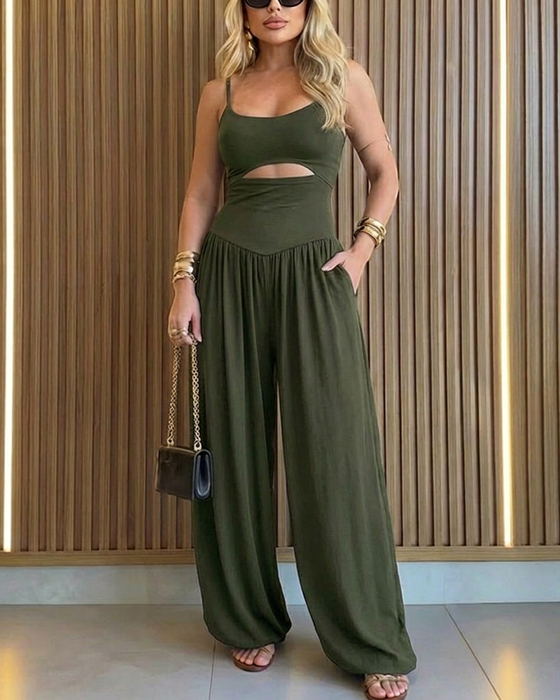 CHICME Women's Cut-out Waist Cami Jumpsuit Backless Tie-Back Lantern Romper Ruched High Waist Summer Jumpsuit