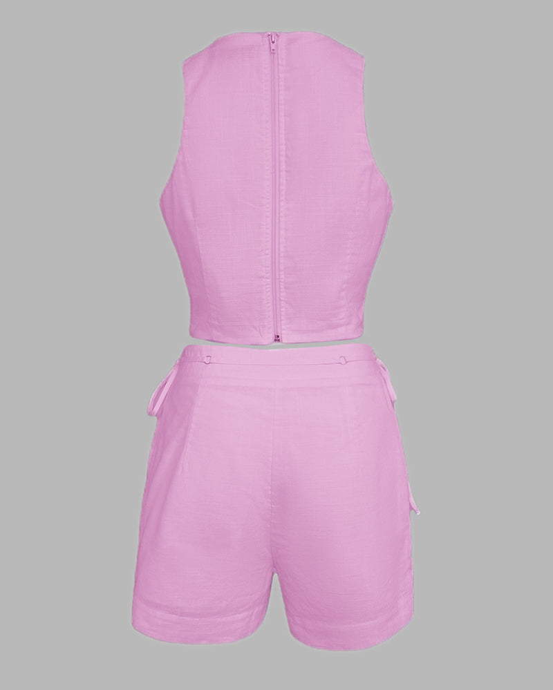 2 Pieces Outfit Button Decor Sleeveless Hollow-out Front Zipper Back Crop Top and Casual Elastic Back Waist Tie Side Shorts Set