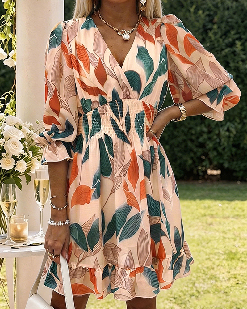 Women's Colorblock Leaf Print Midi Dress Overlap V-Neck Three Quarters Sleeve Shirred Waist Ruffle Hem A-Line Vacation Dress
