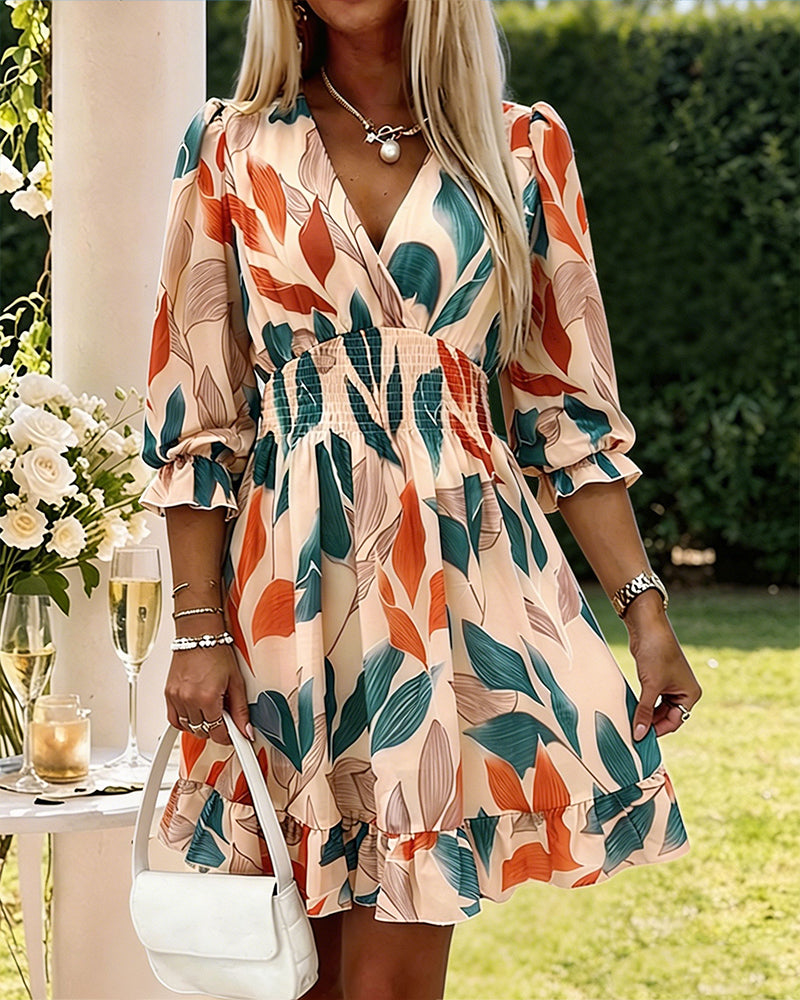Women's Colorblock Leaf Print Midi Dress Overlap V-Neck Three Quarters Sleeve Shirred Waist Ruffle Hem A-Line Vacation Dress