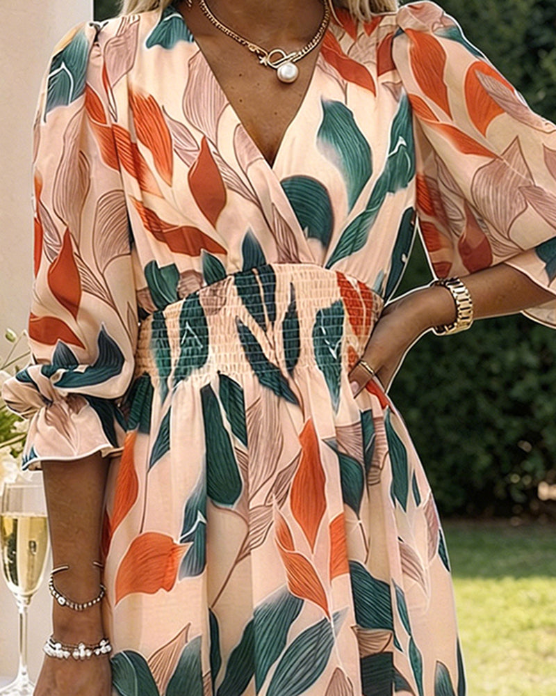 Women's Colorblock Leaf Print Midi Dress Overlap V-Neck Three Quarters Sleeve Shirred Waist Ruffle Hem A-Line Vacation Dress