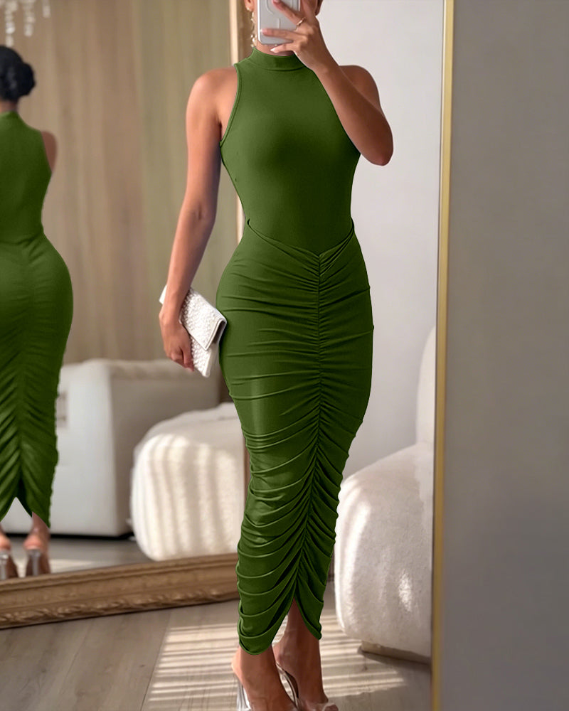 Women's Mock Neck Sleeveless Ruched Bodycon Dress Sexy Racerback Slit Slim Fit Party Dress