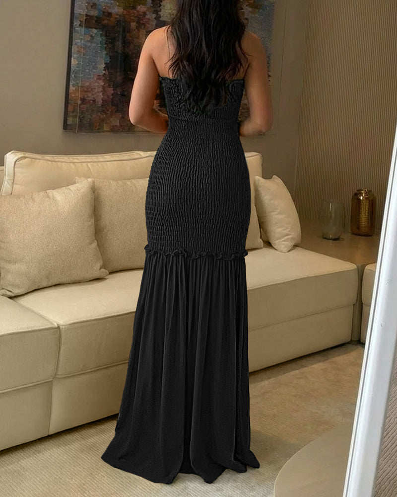 Sweetheart Neck Frill Trim Shirred Slim Fit Maxi Dress Elegant Cutout Front Mermaid Hem Evening Dress