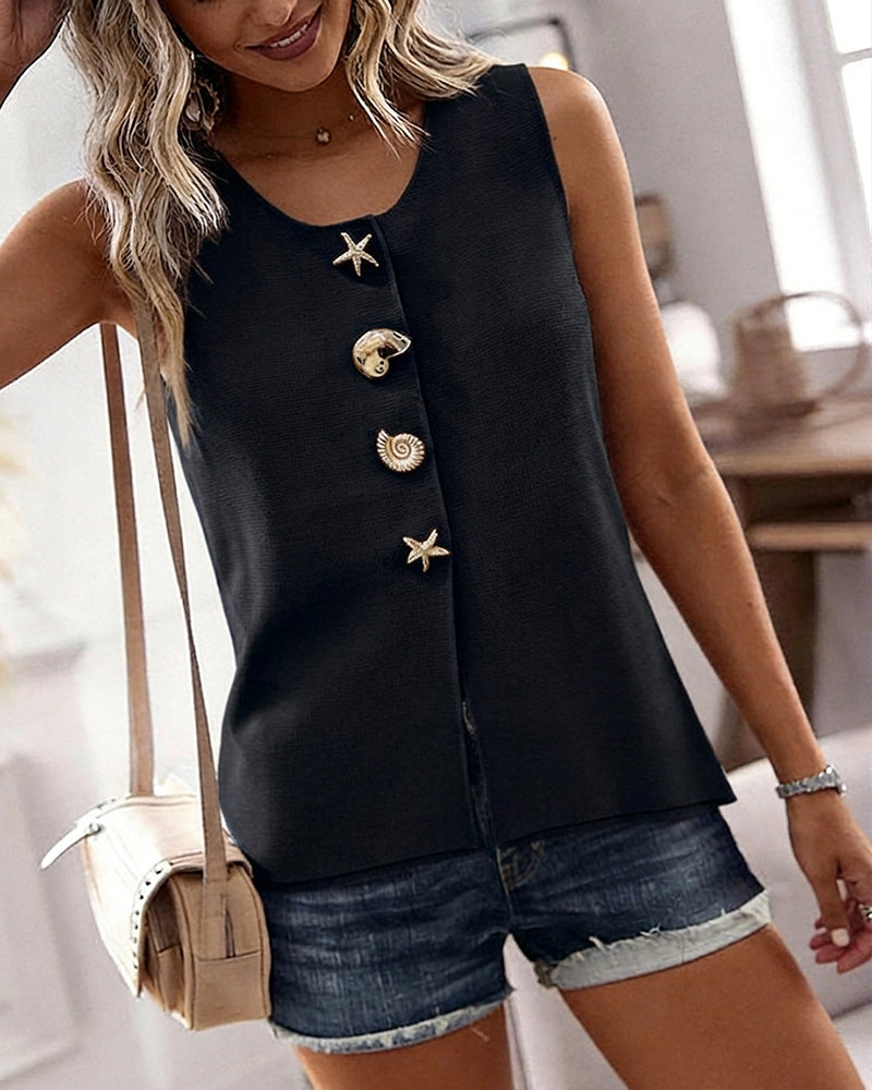 Women's Knit Tank Top Starfish Shell Gold Button Sleeveless Vest Beach Vacation Casual Top