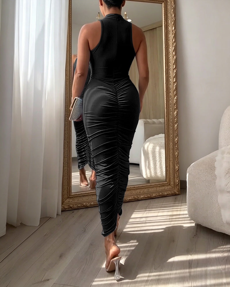 Women's Mock Neck Sleeveless Ruched Bodycon Dress Sexy Racerback Slit Slim Fit Party Dress