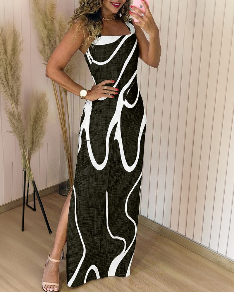 Abstract Print Square Neck Thick Strap Maxi Dress Elegant Side Slit Vacation Dress