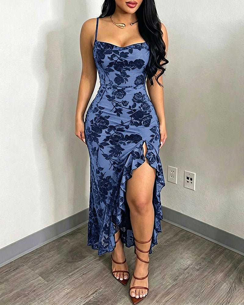 Women's Vintage Flocking Floral Maxi Dress Sexy Cowl Neck Cami Dress High Slit Backless Bodycon Evening Gown
