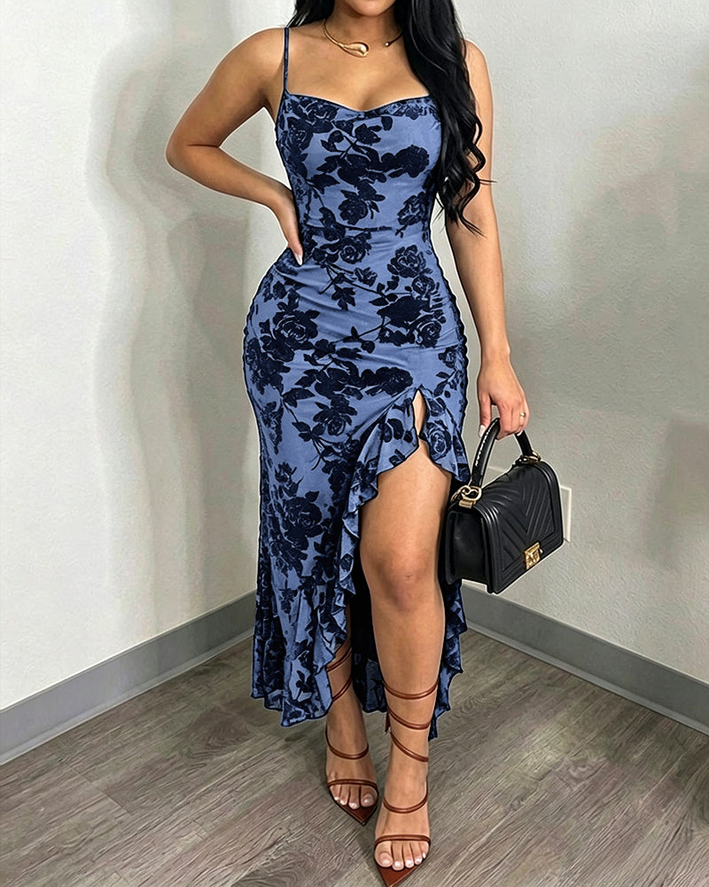 Women's Vintage Flocking Floral Maxi Dress Sexy Cowl Neck Cami Dress High Slit Backless Bodycon Evening Gown