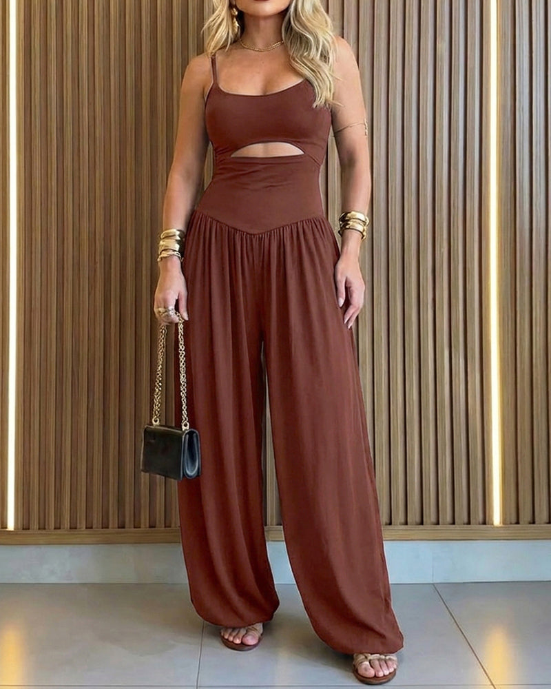 CHICME Women's Cut-out Waist Cami Jumpsuit Backless Tie-Back Lantern Romper Ruched High Waist Summer Jumpsuit