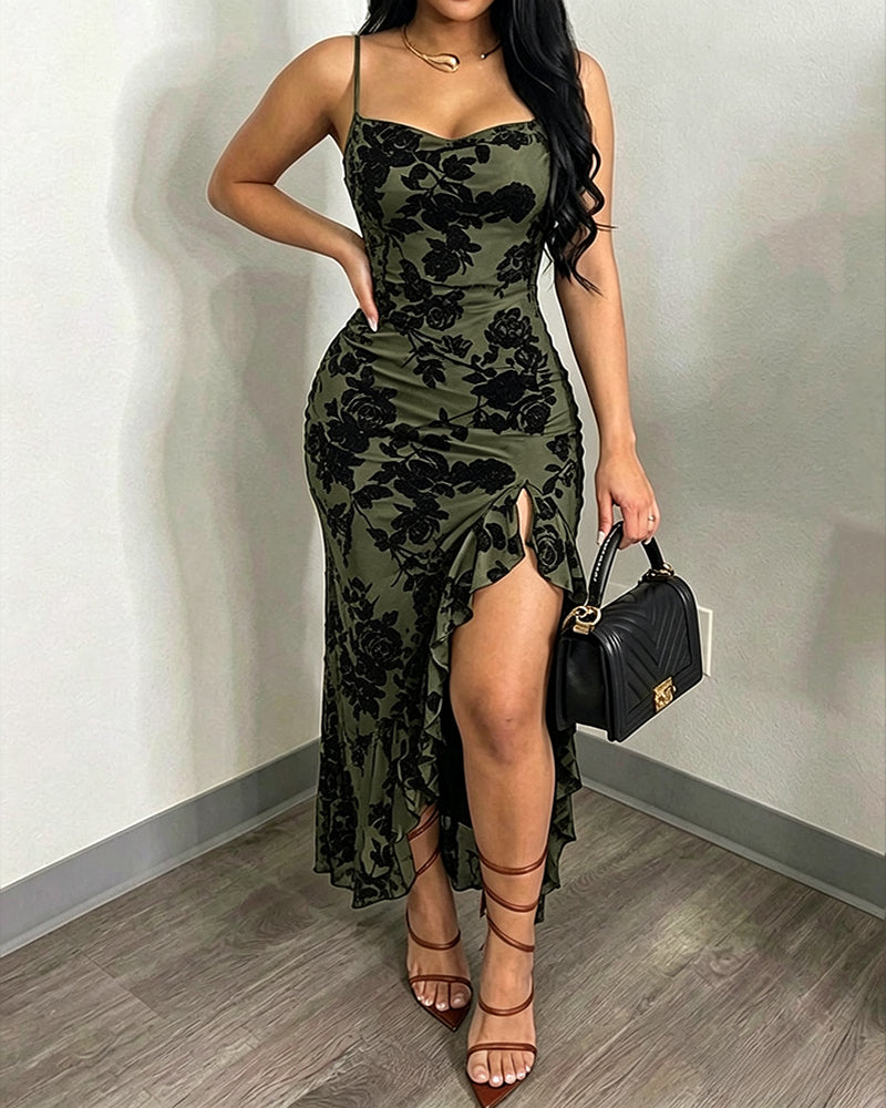 Women's Vintage Flocking Floral Maxi Dress Sexy Cowl Neck Cami Dress High Slit Backless Bodycon Evening Gown