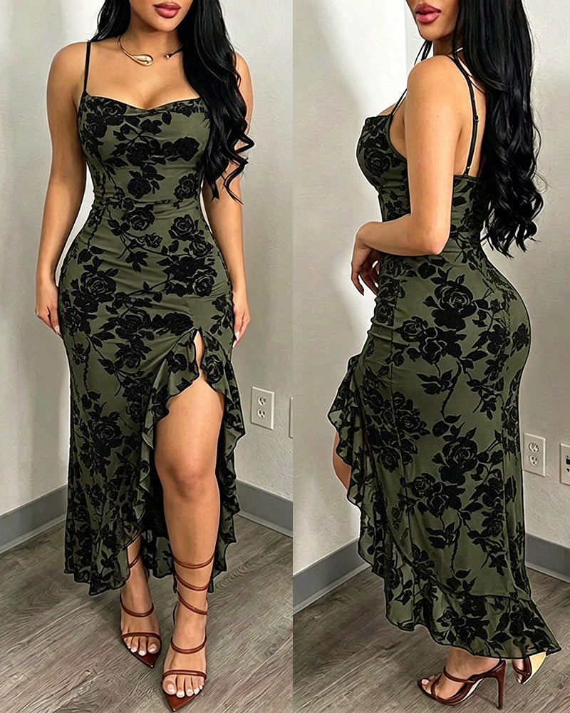 Women's Vintage Flocking Floral Maxi Dress Sexy Cowl Neck Cami Dress High Slit Backless Bodycon Evening Gown
