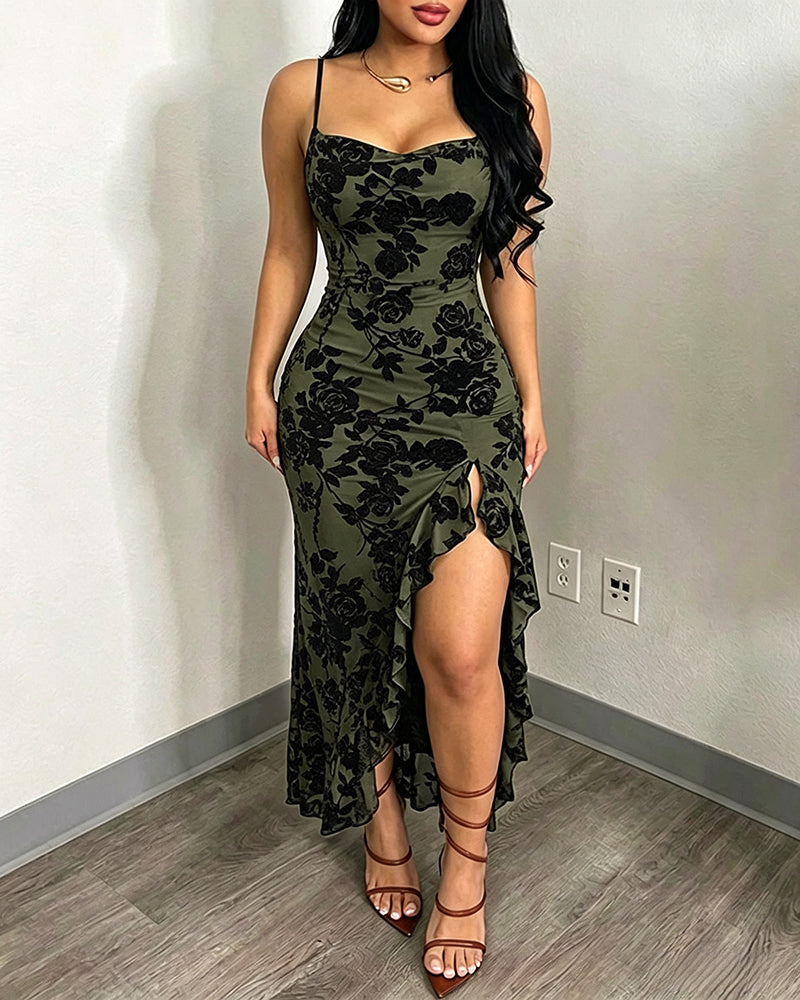 Women's Vintage Flocking Floral Maxi Dress Sexy Cowl Neck Cami Dress High Slit Backless Bodycon Evening Gown