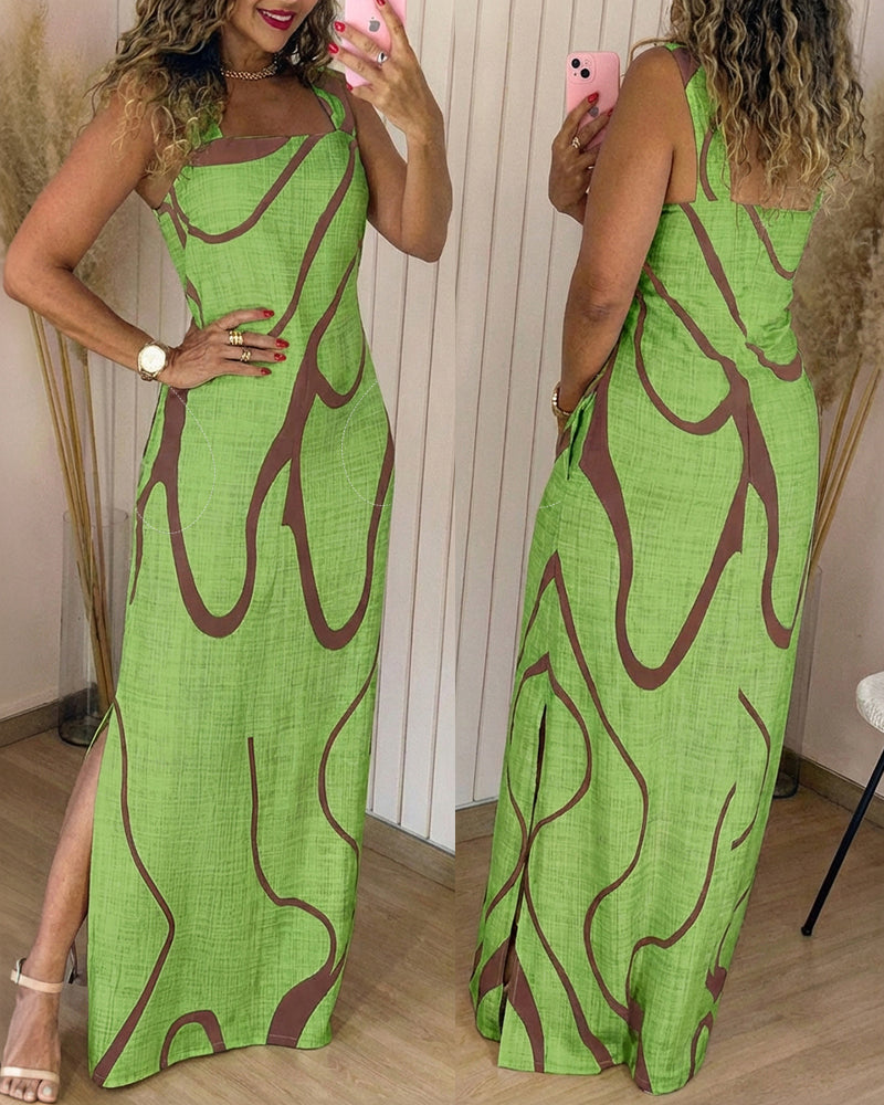 Abstract Print Square Neck Thick Strap Maxi Dress Elegant Side Slit Vacation Dress