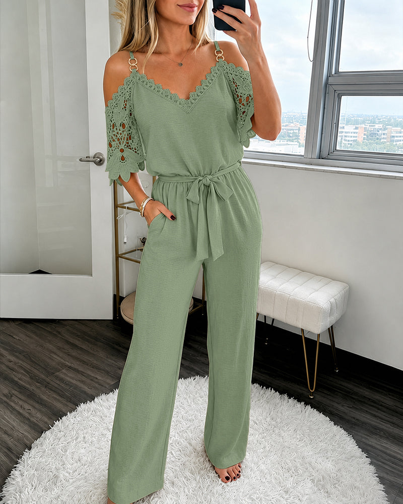 Women's Cold Shoulder Jumpsuit Gold Chain Lace Patchwork Overalls Tapered Leg Jumpsuits with Pockets & Belt