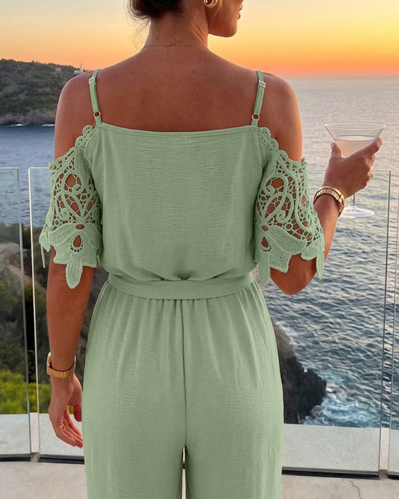 Women's Cold Shoulder Jumpsuit Gold Chain Lace Patchwork Overalls Tapered Leg Jumpsuits with Pockets & Belt