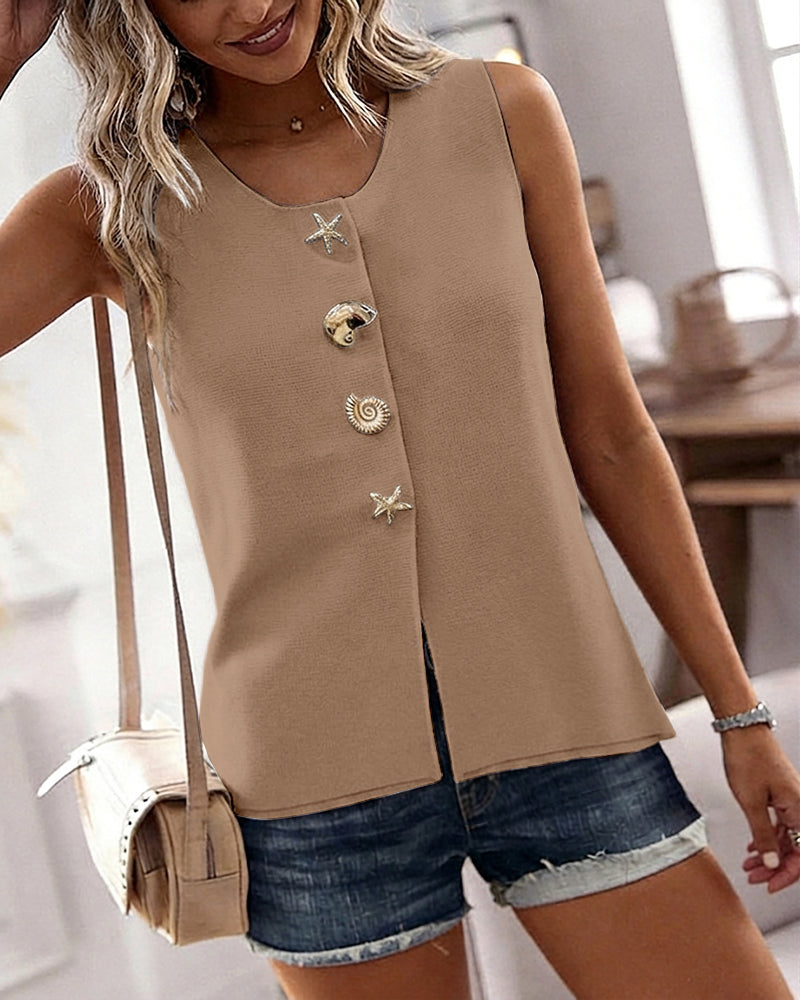Women's Knit Tank Top Starfish Shell Gold Button Sleeveless Vest Beach Vacation Casual Top