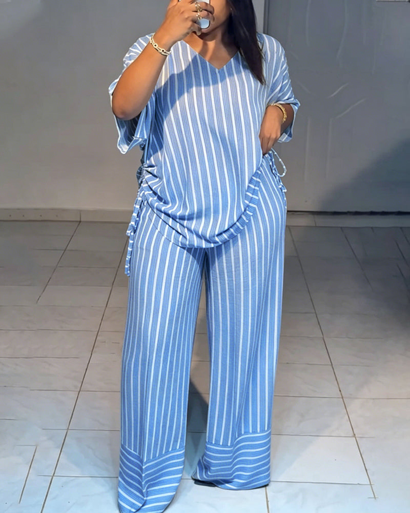 Women's Striped 2 Piece Outfits V Neck Short Sleeve Drawstring Top and Wide Leg Pants Set with Pockets