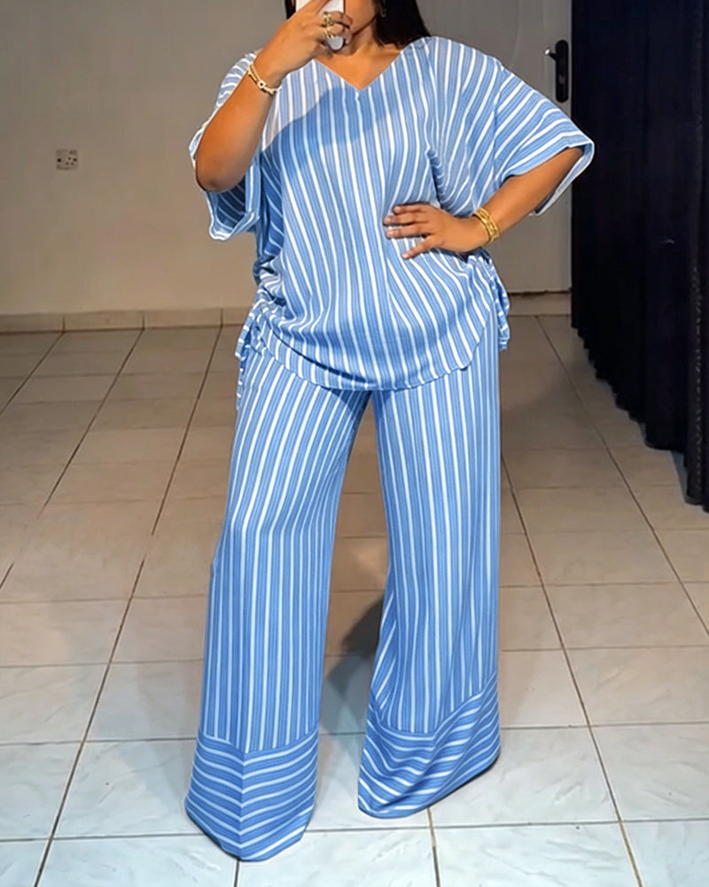 Women's Striped 2 Piece Outfits V Neck Short Sleeve Drawstring Top and Wide Leg Pants Set with Pockets