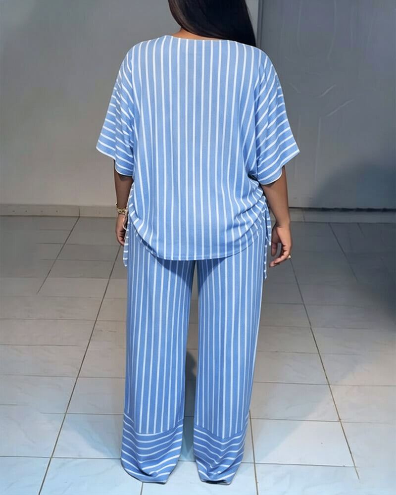 Women's Striped 2 Piece Outfits V Neck Short Sleeve Drawstring Top and Wide Leg Pants Set with Pockets