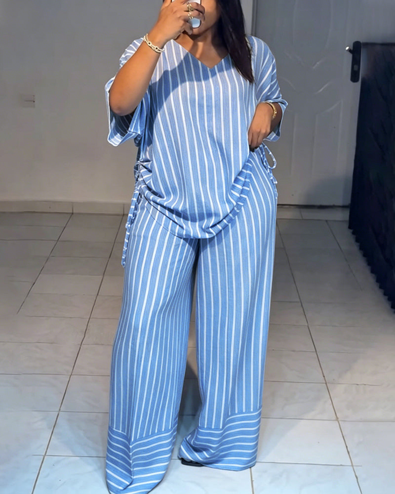 Women's Striped 2 Piece Outfits V Neck Short Sleeve Drawstring Top and Wide Leg Pants Set with Pockets