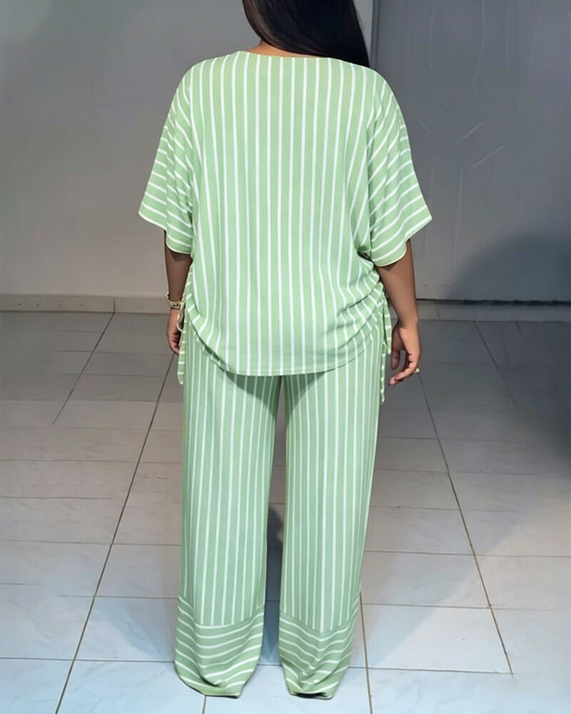 Women's Striped 2 Piece Outfits V Neck Short Sleeve Drawstring Top and Wide Leg Pants Set with Pockets