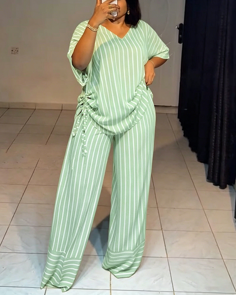 Women's Striped 2 Piece Outfits V Neck Short Sleeve Drawstring Top and Wide Leg Pants Set with Pockets