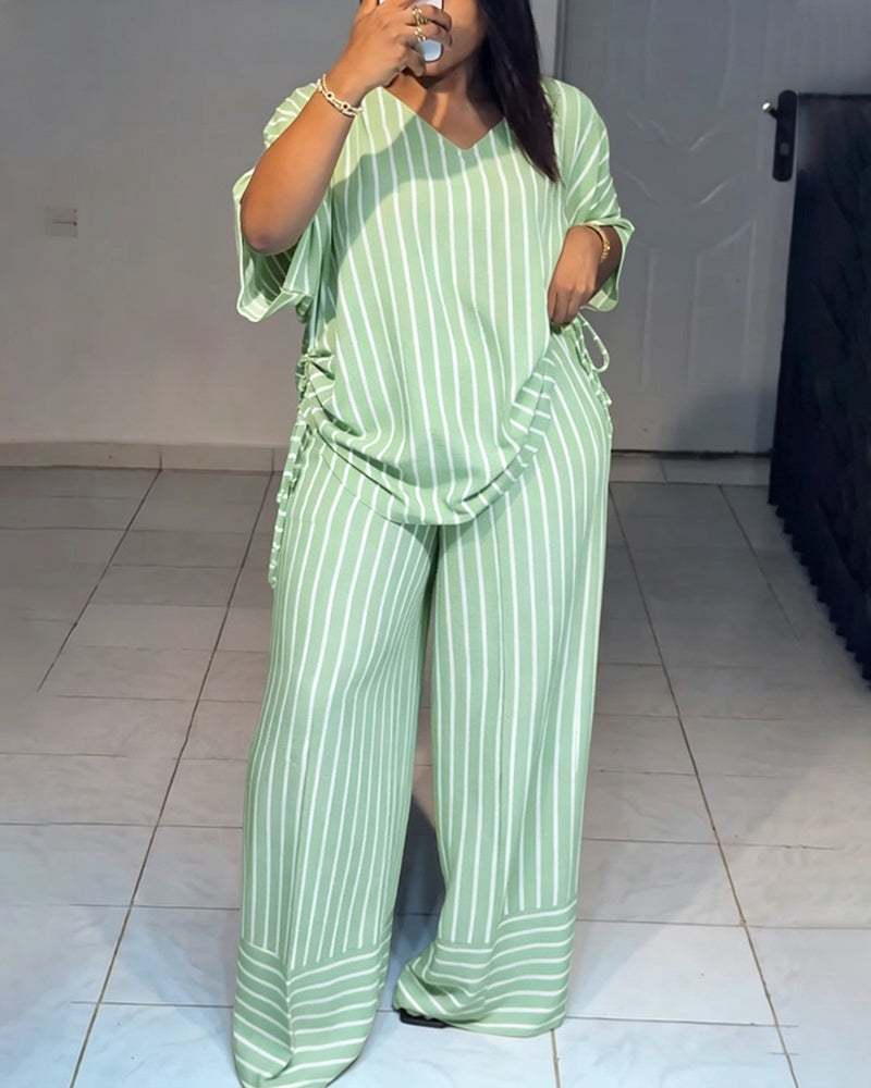 Women's Striped 2 Piece Outfits V Neck Short Sleeve Drawstring Top and Wide Leg Pants Set with Pockets
