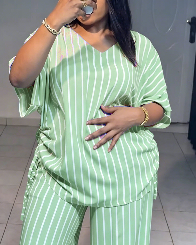 Women's Striped 2 Piece Outfits V Neck Short Sleeve Drawstring Top and Wide Leg Pants Set with Pockets
