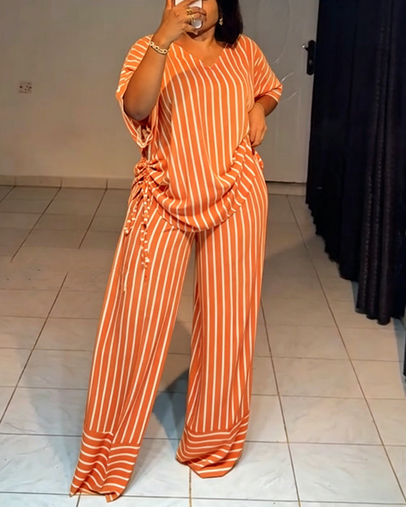 Women's Striped 2 Piece Outfits V Neck Short Sleeve Drawstring Top and Wide Leg Pants Set with Pockets