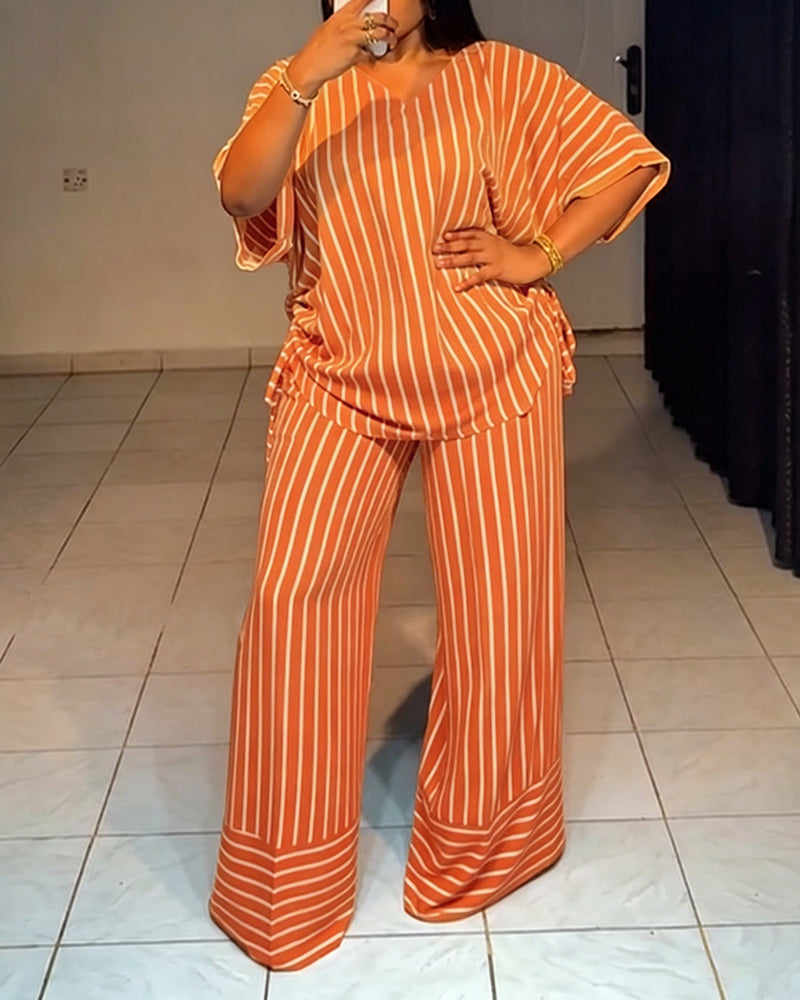 Women's Striped 2 Piece Outfits V Neck Short Sleeve Drawstring Top and Wide Leg Pants Set with Pockets