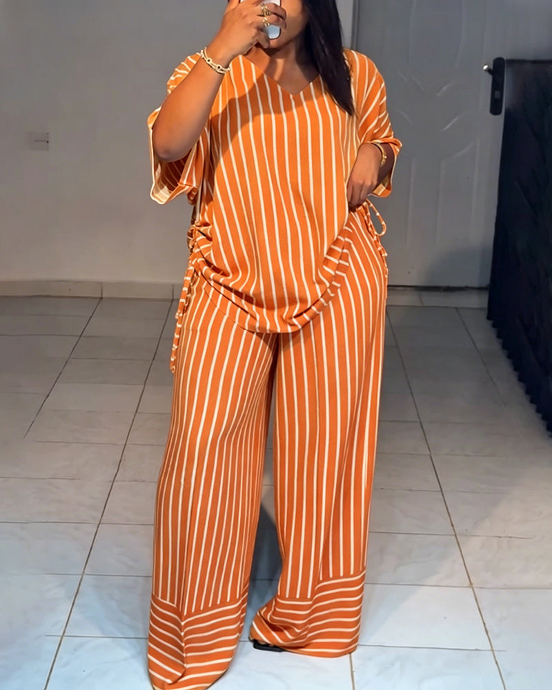 Women's Striped 2 Piece Outfits V Neck Short Sleeve Drawstring Top and Wide Leg Pants Set with Pockets