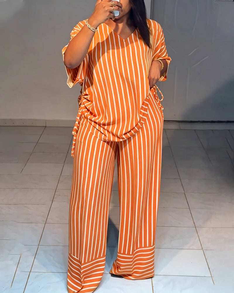 Women's Striped 2 Piece Outfits V Neck Short Sleeve Drawstring Top and Wide Leg Pants Set with Pockets