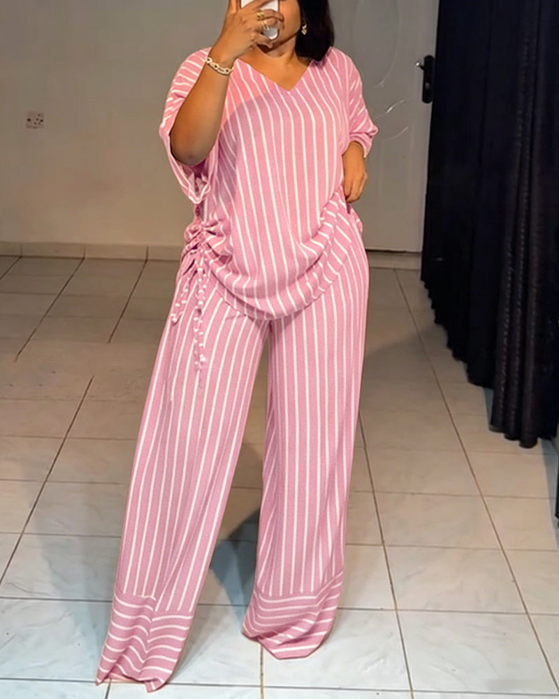 Women's Striped 2 Piece Outfits V Neck Short Sleeve Drawstring Top and Wide Leg Pants Set with Pockets