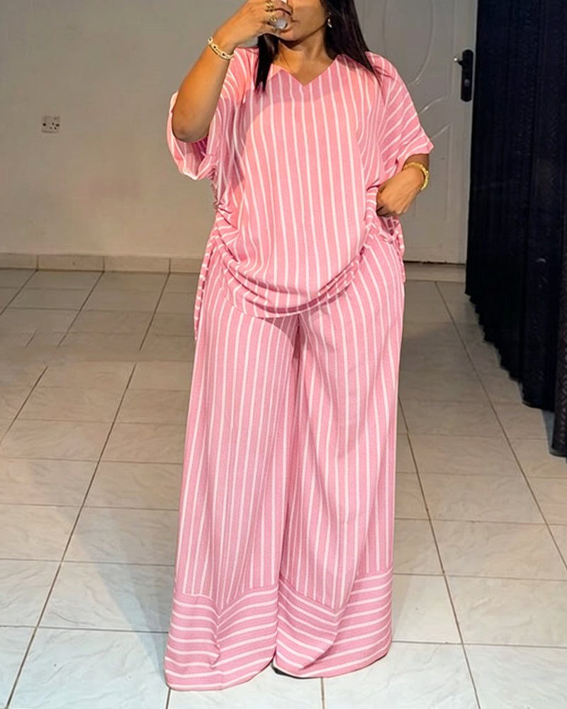 Women's Striped 2 Piece Outfits V Neck Short Sleeve Drawstring Top and Wide Leg Pants Set with Pockets