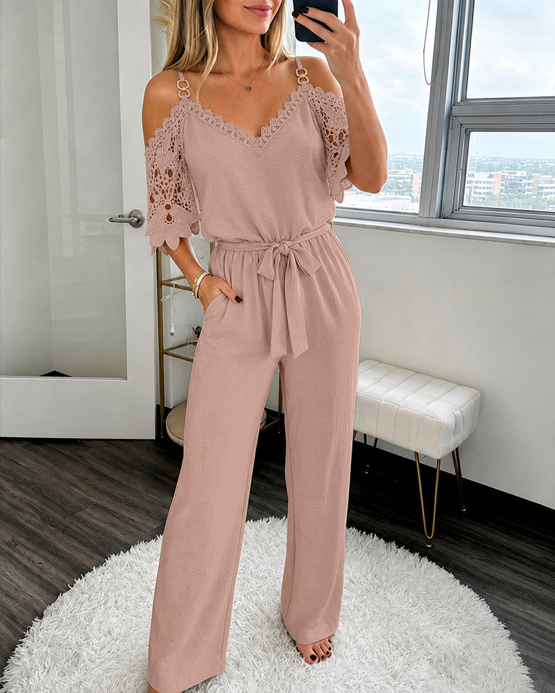 Women's Cold Shoulder Jumpsuit Gold Chain Lace Patchwork Overalls Tapered Leg Jumpsuits with Pockets & Belt