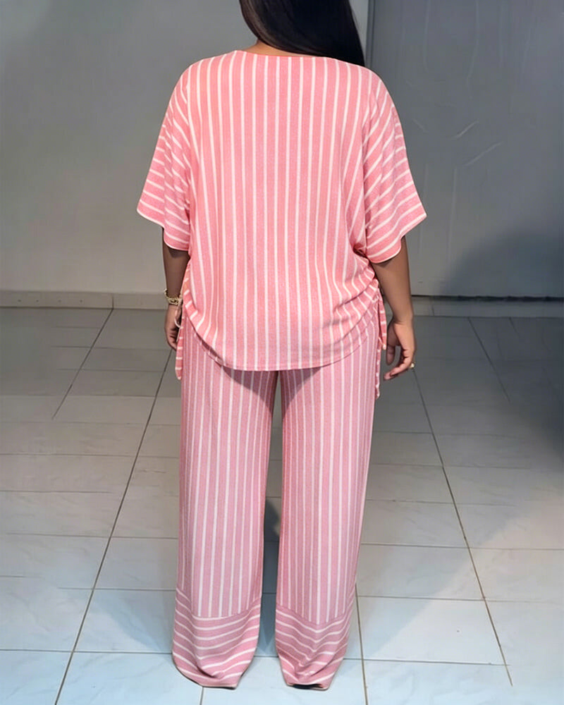Women's Striped 2 Piece Outfits V Neck Short Sleeve Drawstring Top and Wide Leg Pants Set with Pockets