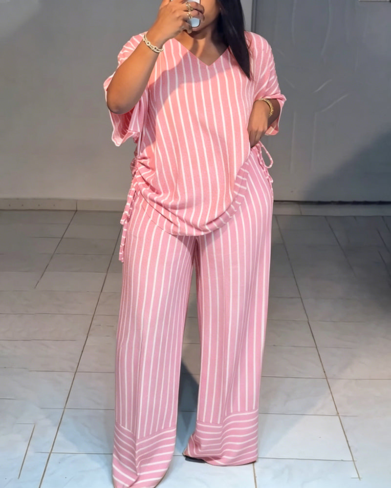 Women's Striped 2 Piece Outfits V Neck Short Sleeve Drawstring Top and Wide Leg Pants Set with Pockets