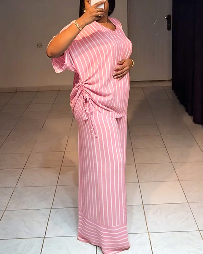 Women's Striped 2 Piece Outfits V Neck Short Sleeve Drawstring Top and Wide Leg Pants Set with Pockets