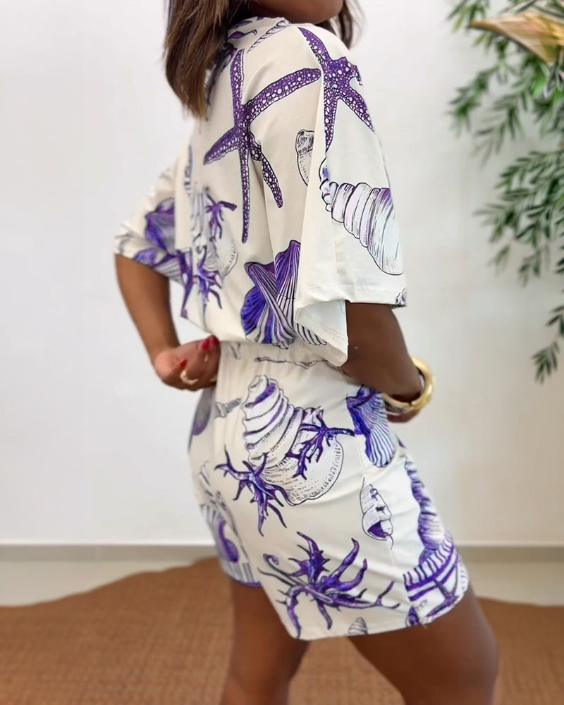Starfish & Seashell Print Overlap V Neck Half Sleeve Wrap Knot Side Romper Casual Stretchy Back Waist Vacation Romper