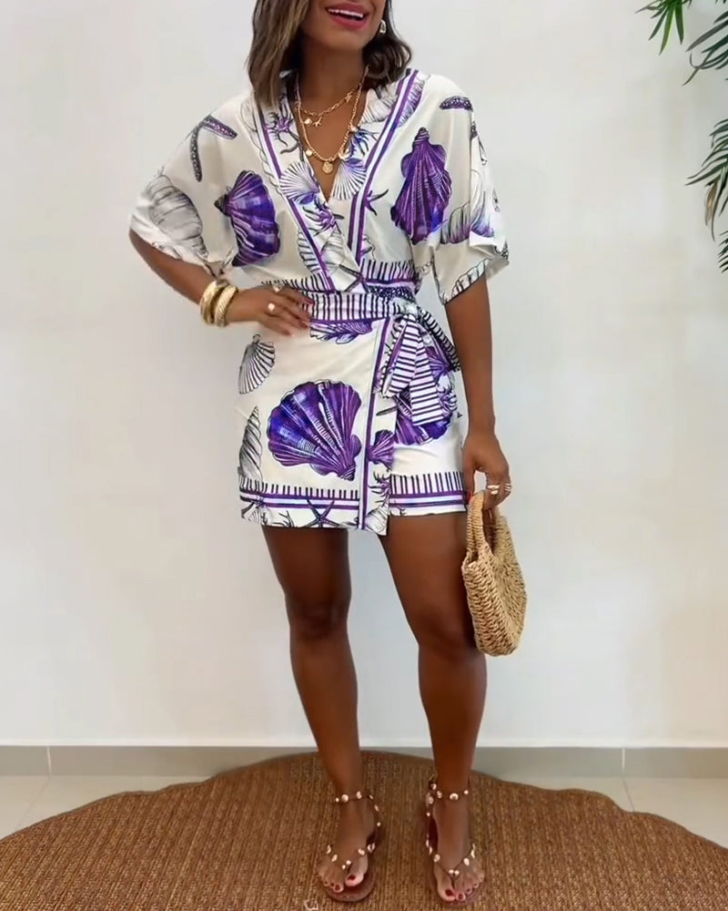 Starfish & Seashell Print Overlap V Neck Half Sleeve Wrap Knot Side Romper Casual Stretchy Back Waist Vacation Romper