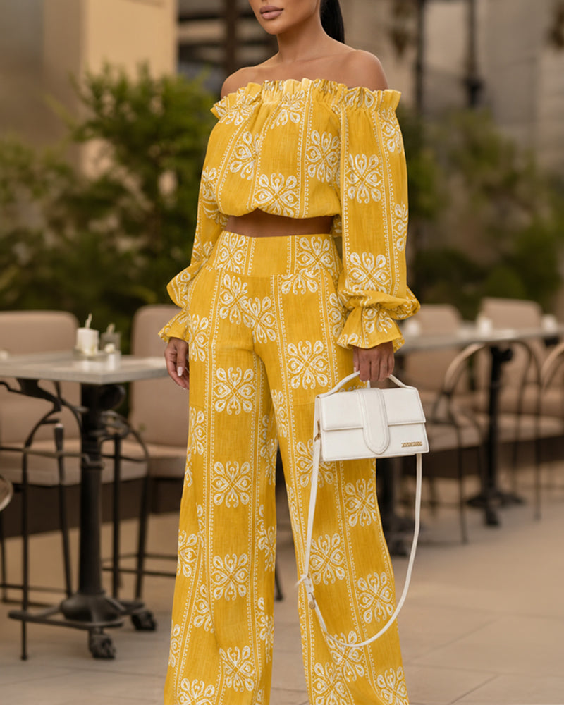 Women's Vintage Print 2 Piece Set Ruffle Off Shoulder Flared Cuff Top and Wide Leg Pants Casual Tropical Vacation Outfits
