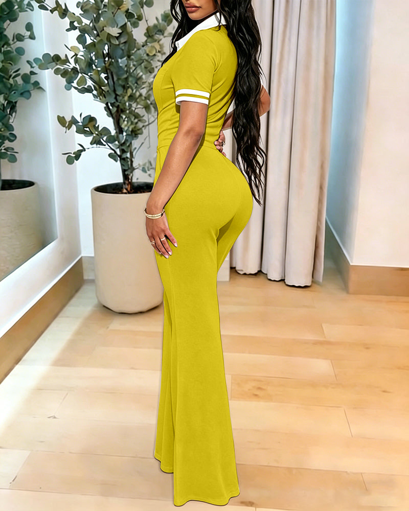 Women's Contrast Polo Neck Jumpsuit Short Sleeve Bodycon Romper Flared Leg Overalls with Snap Button Placket